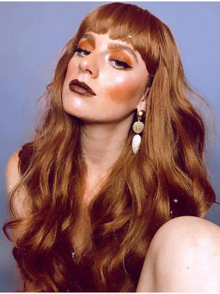 Long Wavy Brown Wig With Blunt Cut Bangs