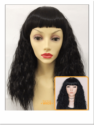 Black Wavy Crimped Wig With Bangs