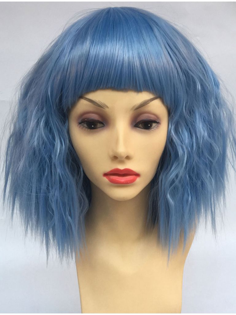 Light Blue Wig Wavy Bob With Bangs Star Style Wigs UK