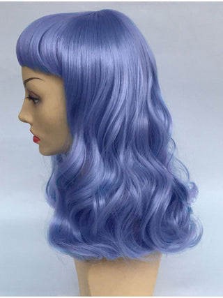 Blue Wig With Curly Lengths And Bangs