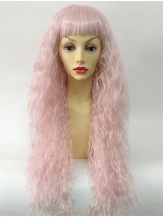 Curly Crimped Wig With Bangs Pink