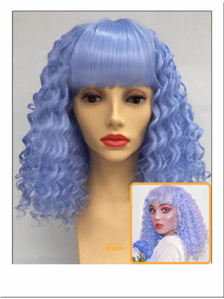 Curly Pastel Blue Wig With Bangs