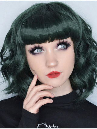 Dark Green Wig Short Wavy Bob