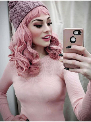 Curly Dusty Pink Wig With Short Bangs