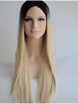 Long Blonde Straight Wig With Dark Roots