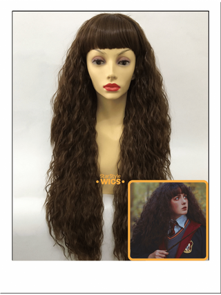 Long Brown Crimped Wig With Bangs