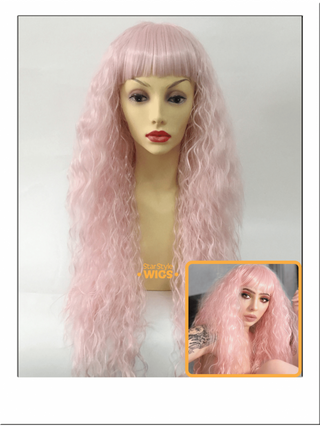 Long Pink Crimped Wig With Bangs