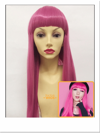 Long Pink Straight Wig With Bangs