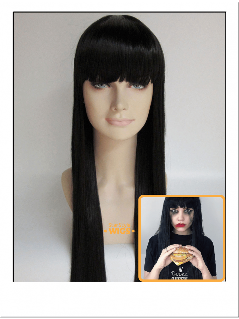 Long black wig with bangs clearance