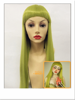 Long Straight Lime Green Wig With Bangs