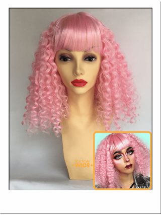 Mid Length Pink Curly Wig With Bangs