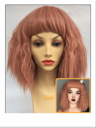 Peach Wavy Bob Wig With Bangs