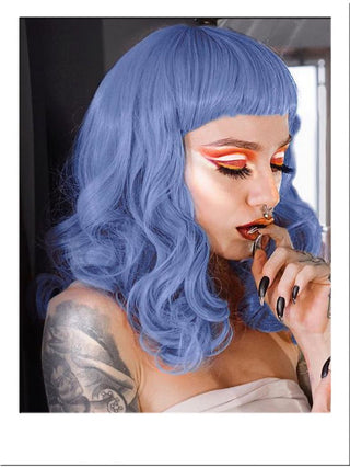 Blue Curly Wig With Bangs Pin Up Style