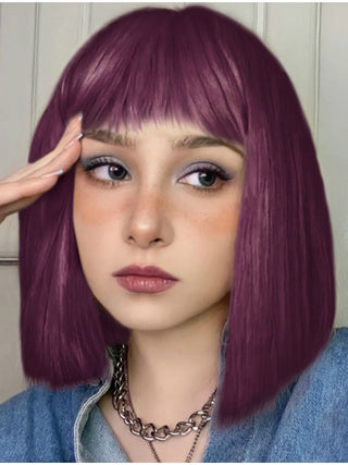 Purple Wig With Bangs Straight Bob