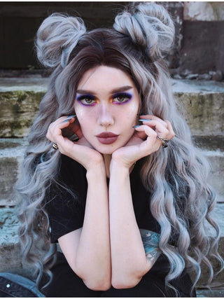 Silver Grey Wig With Dark Roots Wavy Lace Front